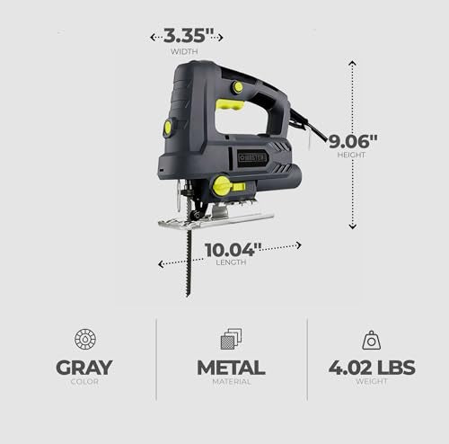 Master Mechanic 6.5 Amp 3,000 RPM Steel Base Jig Saw Power Hand Tool with Toolless Blade Change, Lock On Switch, and Blower Function for Wood, Gray