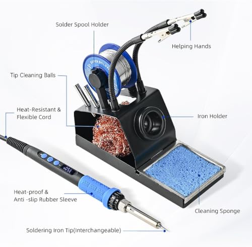Soldering Iron Kit, 100W High Power LCD Soldering Iron, 2 Helping Hands Soldering, Flux, Iron Tips, Tin Wires, Solder Sucker, Tweezers. °C/℉ Conversion, Auto Sleep，Temperature Calibration - color: Blue (11-in-1 Soldering Iron Kit)