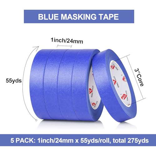 BOMEI PACK Blue Painters Tape 1 Inch Bulk - Paint Tape 5 Rolls x 1 Inch x 55 Yards - Blue Masking Tape for Walls Painting, DIY Crafting, and School Projects, Total 275 Yards - color: Blue