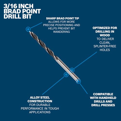 BOSCH BP14602 3/16 in. Brad Point Bit - Precise Starts, Clean Holes, Accurate Wood Drilling, Handheld Drill/Drill Press Compatible - size: 3/16" DIAMETER