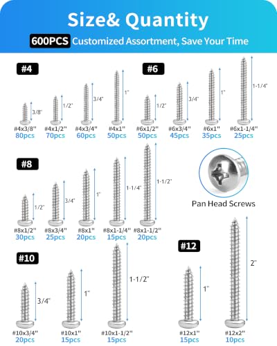 600Pcs Stainless Steel Wood Screws Assortment Kit, #4#6#8#10#12 Phillips Pan Head Sheet Metal Screws Self Tapping Screws Set,Length 3/8" to 2" (Silver-Pan Head) - color: Silver