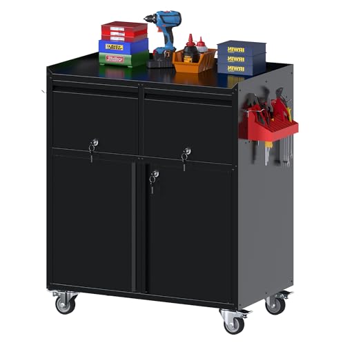 Aobabo Rolling Metal Garage Cabinet with 2 Drawers, Lock and Pegboard - color: Black, size: 18.11"D x 30.31"W x 35.43"H-2 Drawers