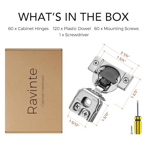 Ravinte 1-1/4 Inch Overlay Soft Close Hinge Kitchen Cabinet Hinges 60 Pack | 30 Pairs， Stainless Steel, Satin Nickel, Cabinet Hardware, Face Frame Fit, Adjustable For Kitchen, Cupboard, Furniture Doors - size: 1-1/4 inch Overlay