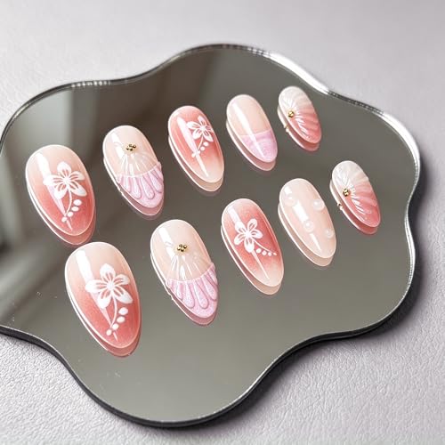 3D Pink Press on Nails Almond - Medium French Tip Fake Nails with Embossed Flower&Gold Bead Designs, Glossy Finish Reusable False Nails for Women Manicure(3D Embossed design 18） - color: 3D Embossed design 18