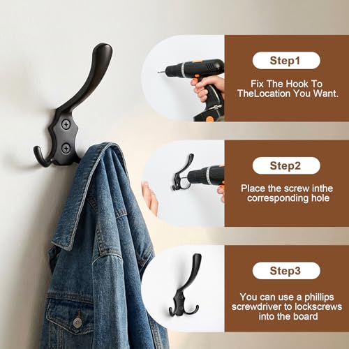 8 Pack Large Coat Hooks, Heavy Duty Three Prong Black Metal Wall Hooks - color: Black, size: 8PCS