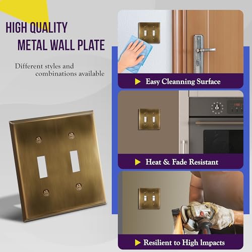 ENERLITES Double Toggle Switch Metal Cover Plate, 2-Gang, Antique Brass - color: Antique Brass, size: Standard Size