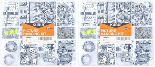 KURUI 303Pcs Picture Hanging Kit, Picture Hangers Assorted Kit with Heavy Duty Wall Hooks, Sawtooth, Picture Wire, D Rings, Hardware Nails, Eye Hooks, Silver Heavy Duty Frame Hooks (Pack of 2) - size: Silver (Pack of 2)