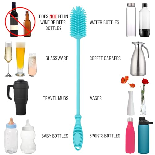 Kitchiny Silicone Bottle Brush 12.5 inch with 2 Straw Cleaners – Blue | Bottle Cleaner Brush for Yeti, Hydro Flask, Owala, Stanley, Baby Bottles, Vases & Narrow Neck Containers - color: Blue