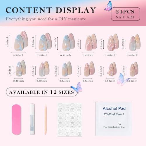 3D Flower Butterfly Press On Nails, Medium Almond Blue Pink with Floral Pearl & Cute Charms, Designer Reusable Acrylic Fake Nails for Women, Spring Summer Daily & Party Wear - color: LF-3386, size: 24 Pieces (Pack of 1)