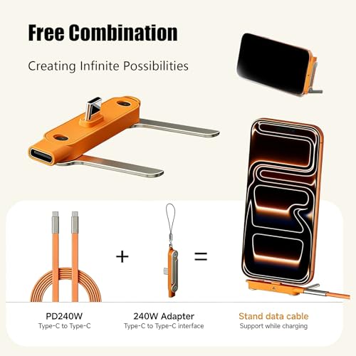 SIDEWAY Phone Charger 240W Silicone Cable with Detachable Stand - Universal Type-C, 90° Angle, 480Mbps Data Transfer Speed(orangeset-2Pcs) - color: orange-2pcs