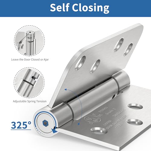 4 Inch Self Closing Door Hinges, Brushed Nickel Spring Loaded Hinges 2 Pack