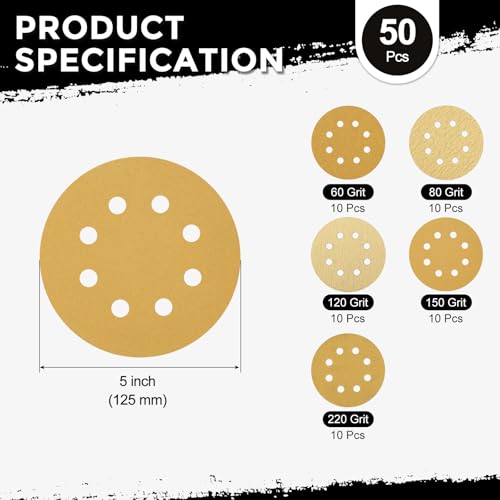 50Pcs Sanding Disc Kit 5In 60/80/120/150/220Grit 8 Hole - size: 60/80/120/150/220 Grit