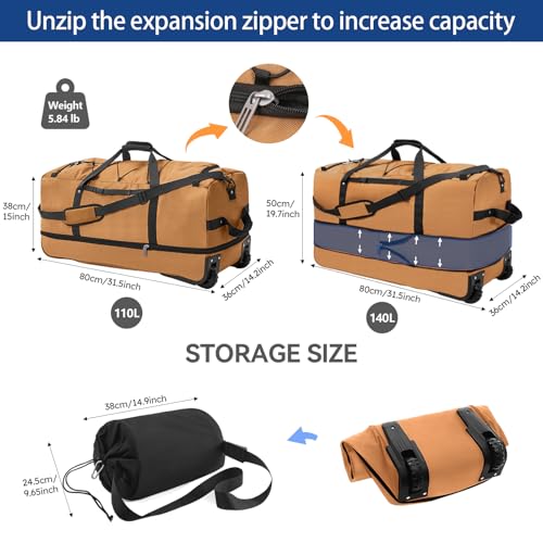 110L Expandable to 140L 32” Foldable Oxford Soft-Sided Rolling Duffle Bag with 2 Heavy-Duty Wheels,2 Large Compartments,Adjustable Shoulder Strap and Attached Organizer Pouch,Coffee - color: Coffee