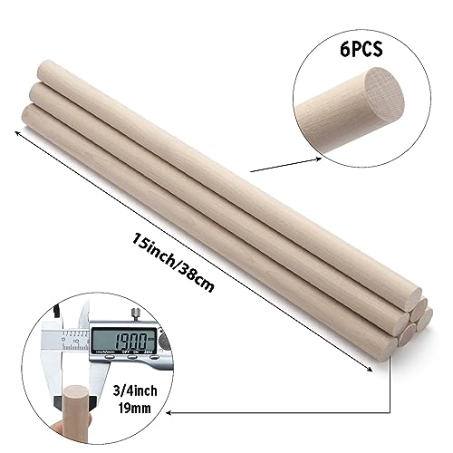 Wooden Dowel Rods Wood Dowels for Crafts, 6 PCS 3/4 x 15 Round Macrame Wooden Sticks for Crafting, Unfinished Hardwood Sticks for Arts and DIYers, Tiered Cake Support, Closets, Wedding Ribbon Wands - size: 3/4"×15"-6PCS