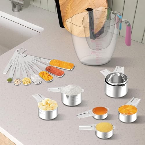 Stainless Steel Measuring Cups and Spoons Set, 6 Stainless Steel Measuring Cups, 7 Measuring Spoons & 1 Leveler, 3 Plastic Measuring Cup with 1 Measuring Conversion Chart