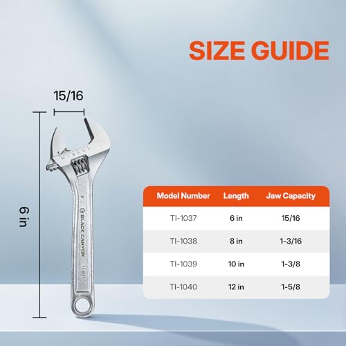 BLACK CANYON 6 Inch Adjustable Wrench, Wide Jaw Spanner with Imperial and Metric, Premium Chrome Forged Steel for Automotive Plumbing, Household Repairs and DIY - size: 6 in