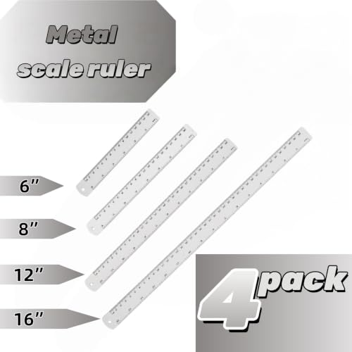 Unjoo Stainless Steel Ruler 4-Pack, 6", 8", 12",16" (15cm,20cm,30cm,40cm) - size: 6,8,12,16 inch