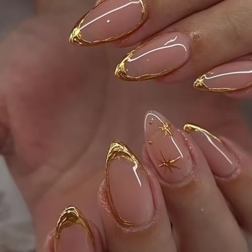 Gold French Tip Press On Nails Medium Almond, 3D Line Star French Tip Sticke On Nails, Designer Reusable Acrylic Nail Press Ons, Fake Nail With Glue On Nails, Daily Wea False Nail For Women - color: LF3885-3D Gold Line French, size: 24 Pieces (Pack of 1)