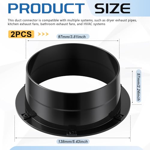 2 Pcs Duct Connector Flange 4 Inch Plastic Straight Pipe Flange Black Duct Reducer Dryer Vent Connector for Heating Cooling Grow Tent Bathroom Kitchen Ventilation System - size: 4 Inch