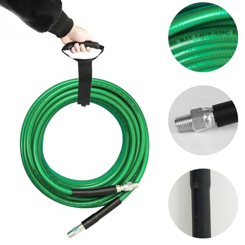Hourleey Sewer Jetter Kit for Pressure Washer 150FT, 4000 PSI Drain Cleaner Hose 1/4 Inch NPT, Corner Rotating and Button Hose Sewer Jetting Nozzle Pearl Corsage Pin Tape Handle Strap Spanner, Green - size: Green-150 FT