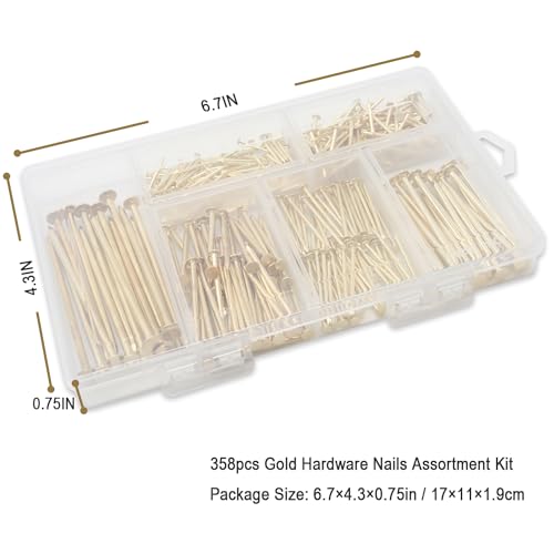 358PCS Brass Plated Nails Assortment Kit, 6 Sizes for Hanging & Woodworking - style: 358pcs Gold Nails