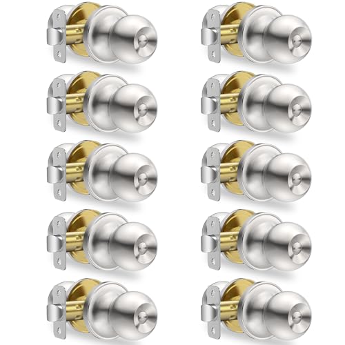 Plustool 10 Pack Privacy Door Knobs Interior, Satin Nickel Doorknob with Lock -ANSI Grade-3 Certified,Keyless Door Locks for Bedroom,Bathroom, Modern Heavy Duty Handle with Round Ball, Easy to Install