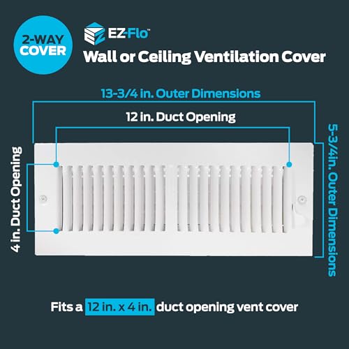 EZ-FLO 12 x 4 Inch (Duct Opening) Air Vent Cover for Wall or Ceiling, Two-Way Ventilation Register, Solid Steel HVAC Register Cover, White, 61611 - size: 12 in. x 4 in.