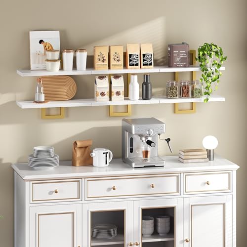 HOOBRO Floating Shelves, 15 Inch Wall Shelf Set of 3, Wall Mounted Storage Shelves 2-Tier, Hanging Bathroom Shelves, for Living Room, Bedroom, Bathroom, Kitchen, White and Gold DW32BJP301 - color: White + Gold