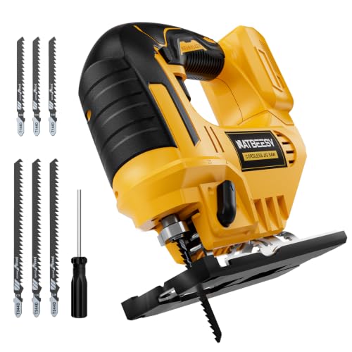 Jig Saw Compatible With Dewalt 20V Battery, NATBEESY Brushless Cordless jig saw tool, LED Work Light, 45° Beveled Cuts, Variable Speed 2900RPM, 3 Orbital Action, 6 Blades for Wood Cutting, Tool Only