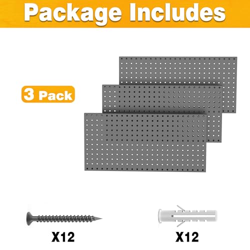 Pegboard Smith Metal Pegboard Panels 12" x 24", 3 Pack Black Wall Mounted Tool Organizer Boards, Heavy Duty Tool Storage Peg Board for Garage, Workbench, Office, Fits 1/4" Peg Hooks - style: 3 Pack Black Panels