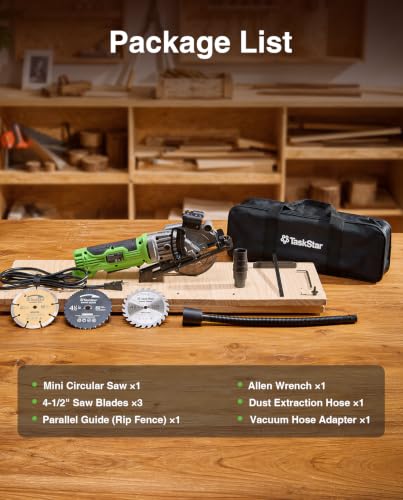 TaskStar Mini Circular Saw with Laser Guide: 4.8A 4000RPM Compact Corded Power Cutter, 4-1/2 in Electric Hand Tool with Rip Fence, 3 Blades for Wood, Soft Metal, Tile, Plastic Cutting