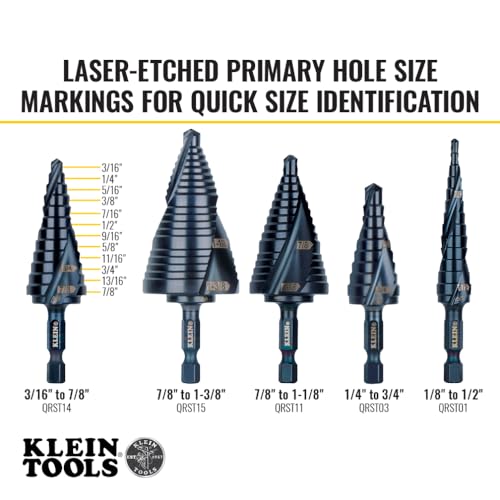 Klein Tools QRST14 Step Drill Bit, Quick Release, Spiral Double-Fluted, 3/16 to 7/8-Inch, Hex Shank, Cut Steel, Wood, Plastic, Aluminum - size: 3/16 to 7/8-Inch, style: Quick Release