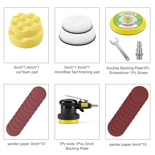 3 inch & 4 inch Air Sander Kit, Pneumatic Random Orbital Sander DA Sander with Sanding Pads, High Speed Palm Sander for Auto Body, Car Polishing, Woodworking, DIY Projects
