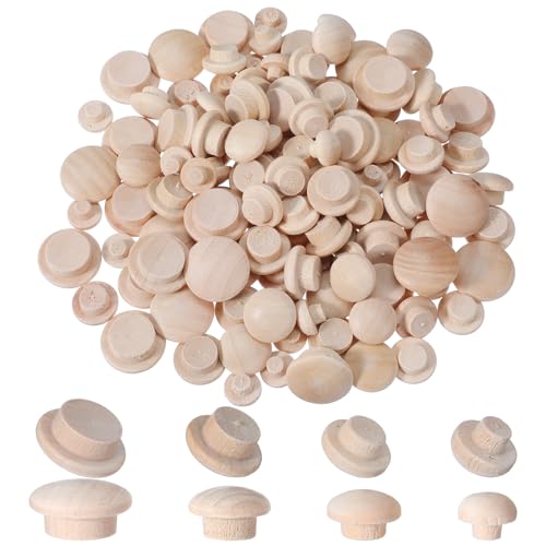 120 Pcs 4 Sizes Wood Plugs for Screw Holes, Wooden Hole Plugs Mushroom Head Shape 3/16, 5/16, 3/8, 1/2 Inch Button Hardwood Hole Stoppers Screw Covers Wood Caps for Gap in Locking Tube Furniture