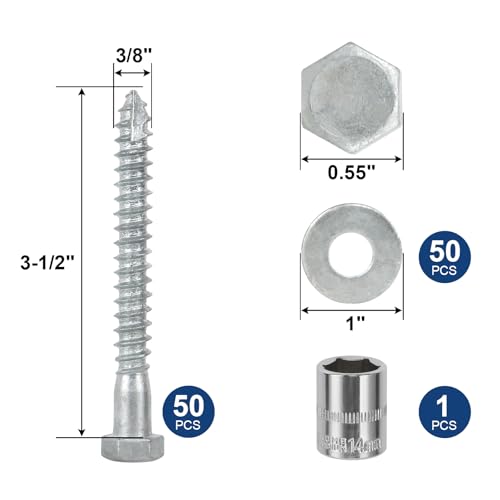3/8" x 3-1/2" Lag Screws Bolts with Washers(50Pcs) - size: 3/8x3-1/2in