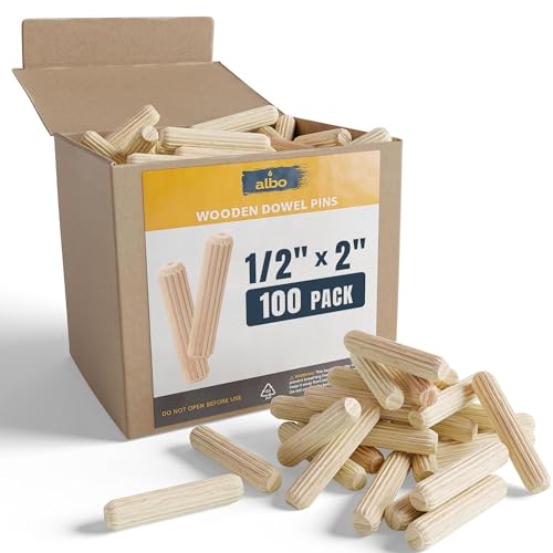 ALBO Wooden Dowel Pins 1/2 x 2 inch Fluted Wood Dowels Rods 100 Pack Hardwood Crafts Dowel Pegs - size: 1/2"x2"-100Psc