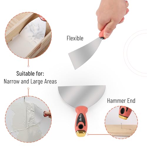 Bates- Drywall Hand Tool Kit, 6pcs, 3" 4" 6" 8" 12", Stainless Steel Drywall Tool with Metal Hammer End, Putty Knife Set, Taping Knives, 12.5" Mud Pan for Joint Taping, Finishing and Patching - color: Orange