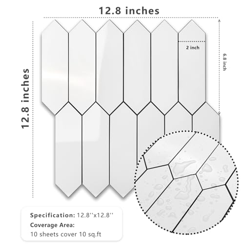 Vamos Tile Glossy White Backsplash Tile Peel and Stick, 12.8 x 12.8 Inch 10 Sheets Long Hexagon PVC Self Adhesive Mosaic Wall Tiles Stick on Backsplash for Kitchen and Bathroom - color: Glossy White with Dark Gray Grout