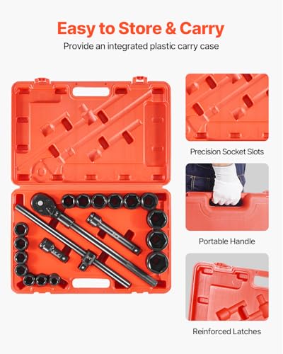 VEVOR 3/4 in Drive Impact Socket Set, 21 Pieces SAE 3/4 in to 2 in, 6 Point Cr-V Alloy Steel for Auto Repair, Easy-to-Read Size Markings, Includes Extension Bars, Ratchet Handle and Storage Case - size: 3/4" 21PCS