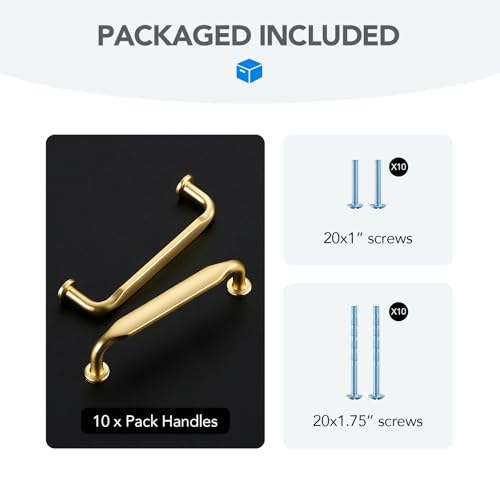 HOME EDIT Brushed Gold Solid Cabinet Handles & Pulls 3-3/4 Inch 10 Pack - color: Brushed Gold, size: 3-3/4 inches Hole Center