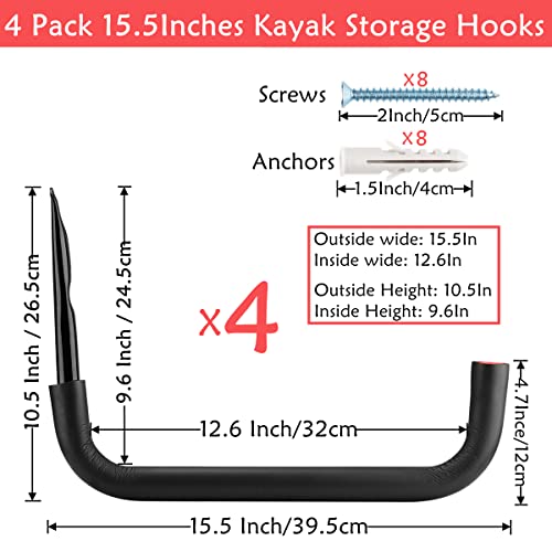 Garage Storage Kayak Hooks, 15.5 Inch Heavy Duty Storage Hanger, Wall Mounted Rack for Hanging Canoe Paddleboard, Surfboard, Snowboard, Ladders, Bikes, 15.5Inches x 10.8Inches - size: 15.5in-4 Pack