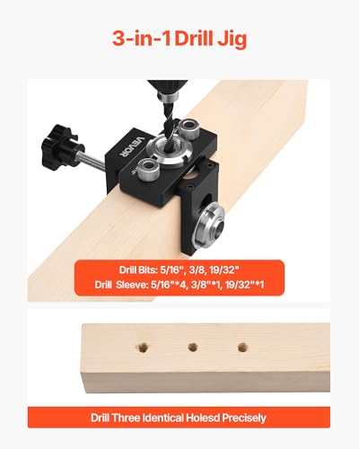 VEVOR Doweling Jig Kit, Self Centering Dowel Drill Jig for Straight Holes, Aluminum Alloy Woodworking Joints Tool with 3 Size Drill Bits 5/16", 3/8", and 19/32", Adjustable Width, for Wood Working - size: Ultra, style: Doweling Jig