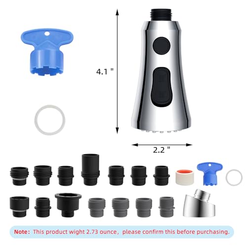 Hibbent Pull Down Kitchen Faucet Head Replacement with 15 Adapters - color: Chrome, style: Stay on sprayer without hold button