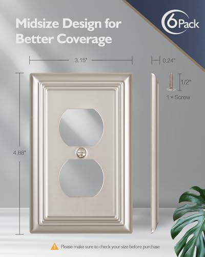 Switch Plates Outlet Covers, 6-Pack Metal Wall Plates, Satin Nickel - color: Satin Nickel, size: 1 Duplex 6PK