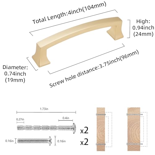 COTYKILEY 10 Pack 3.75 Inch(96mm) Brushed Brass Cabinet Handles Gold Kitchen Cabinet Pulls Cabinet Door Handles Kitchen Cabinet Hardware Cupboard Drawer Pulls Dresser Handles - color: Brushed Brass, size: 3.75" Hole Center（96MM）