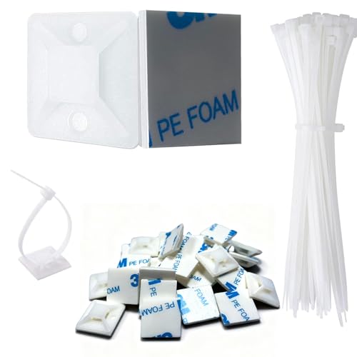 Strong Back-Glue Self Adhesive Cable Zip Tie Mounts Kit - 100 Set Cable Management Clips with 6" Zip Ties, Wire Holders - Outdoor Sticky Wire Organizer Clips - White - color: White