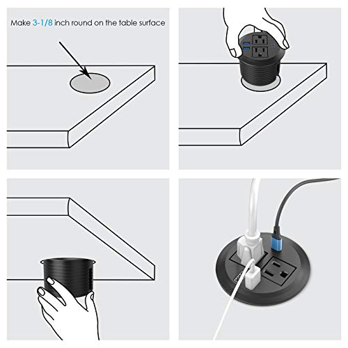 Recessed Power Grommet with AC Outlets, 20W USB-C,Flush-Mount,Black - color: Black