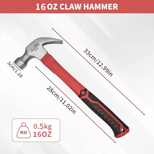16oz Claw Hammer, Heavy Duty Hammer with Straight Rip Claw