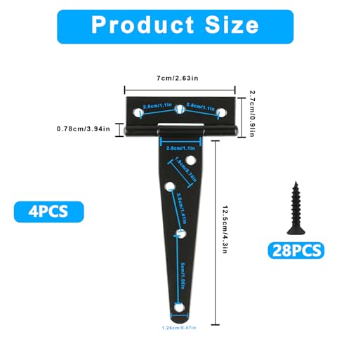 T Strap Hinges Heavy Duty, Shed Door Gate Hinges(Black) (4, 4 Pcs *5 inch) - size: 4 Pcs *5 inch
