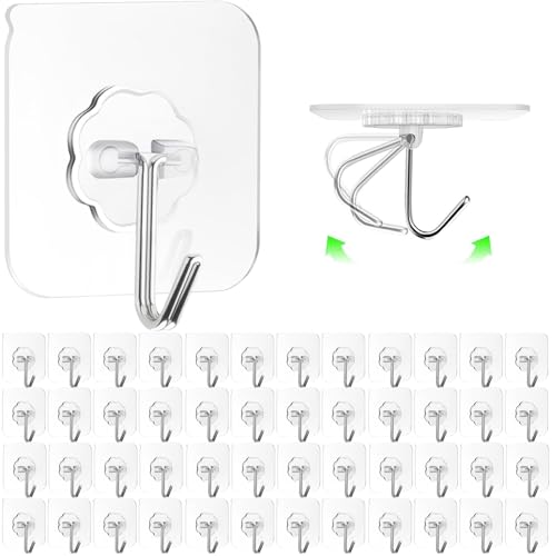 ZESLMG Adhesive Wall Hooks for Hanging, 48 Pack Self Sticky Hooks Heavy Duty 22lb Clear, Removable Shower Hook No Damage for Towel Key Coat Wreath Picture Outdoor Ceiling Bathroom Kitchen, Waterproof - size: 48 Medium Hook